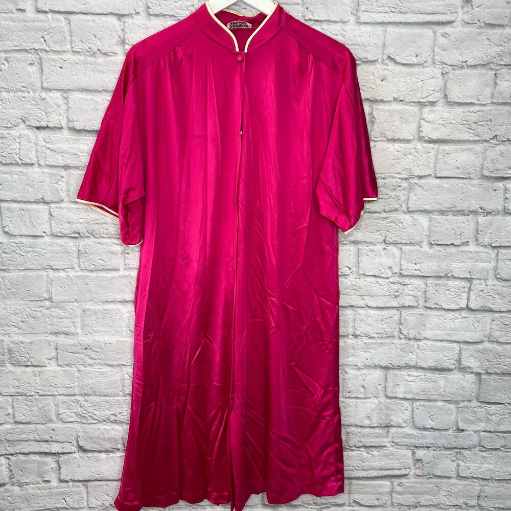 Vintage Vanity Fair Button Robe Fushia Pink Piping Size S Short Sleeve Shiny